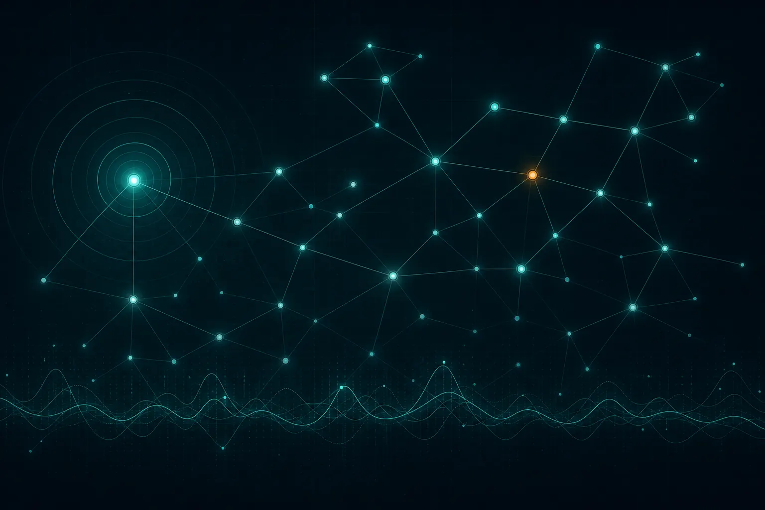 Abstract illustration of a network topology: luminous nodes linked by thin lines, with scan rings and a monitoring waveform.