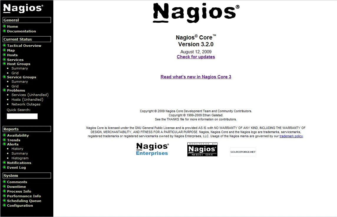 Nagios Core interface screenshot